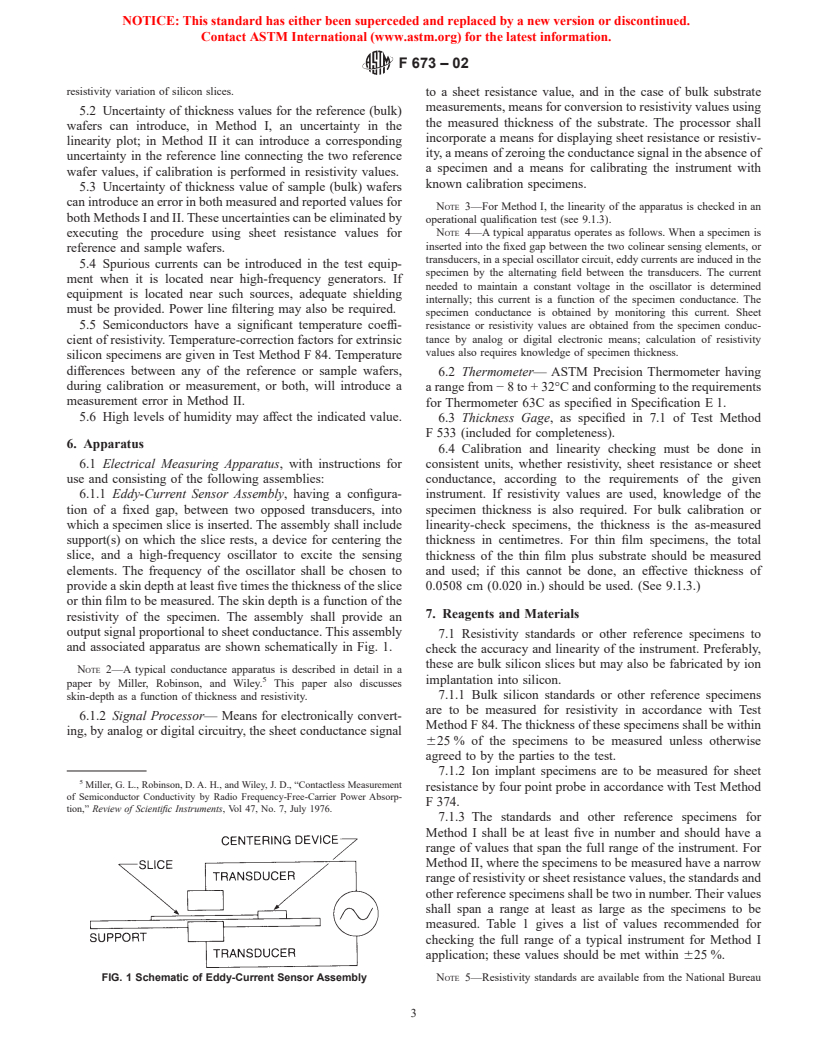 ASTM F673-02 - Standard Test Methods for Measuring Resistivity of Semiconductor Slices or Sheet Resistance of Semiconductor Films with a Noncontact Eddy-Current Gage (Withdrawn 2003)