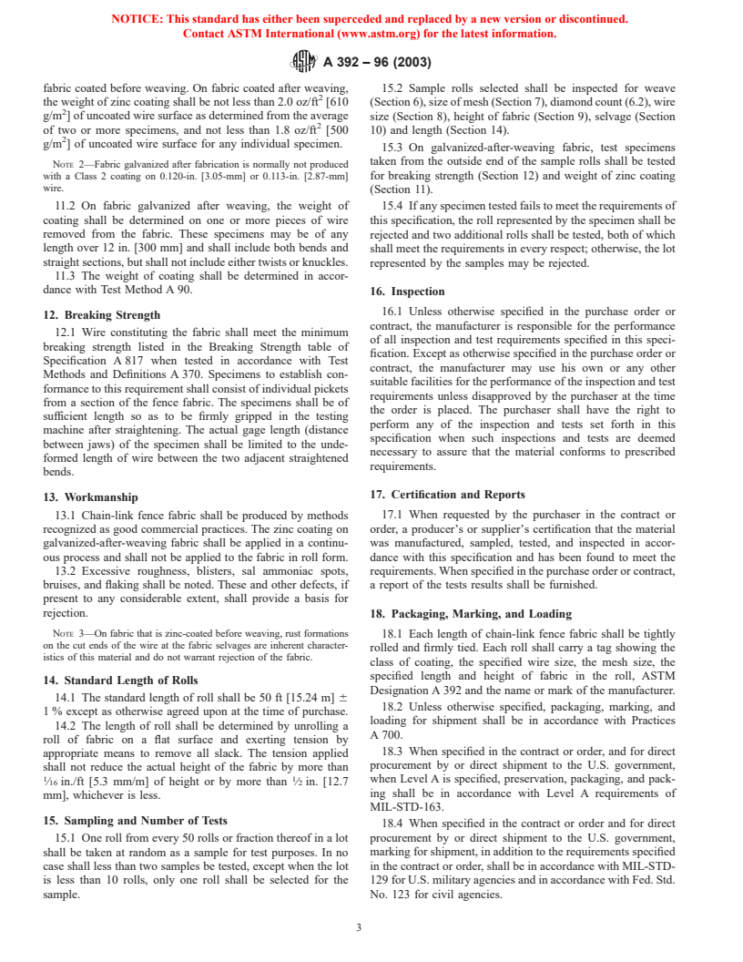 ASTM A392-96(2003) - Standard Specification for Zinc-Coated Steel Chain-Link Fence Fabric