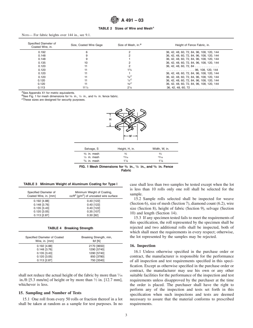 ASTM A491-03 - Standard Specification for Aluminum-Coated Steel Chain-Link Fence Fabric