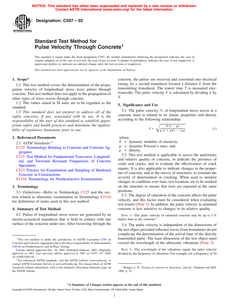 ASTM C597-02 - Standard Test Method for Pulse Velocity Through Concrete