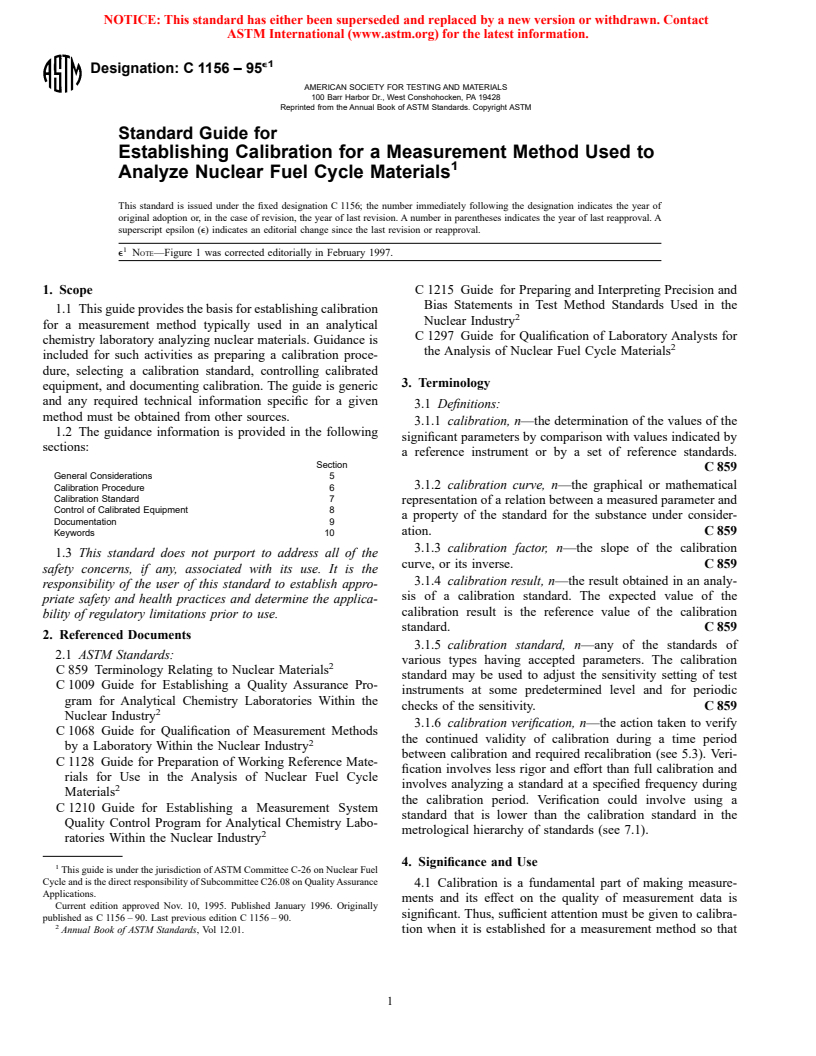 ASTM C1156-95e1 - Standard Guide for Establishing Calibration for a Measurement Method Used to Analyze Nuclear Fuel Cycle Materials