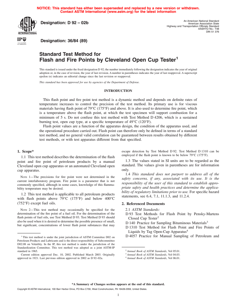 ASTM D92-02b - Standard Test Method for Flash and Fire Points by Cleveland Open Cup Tester