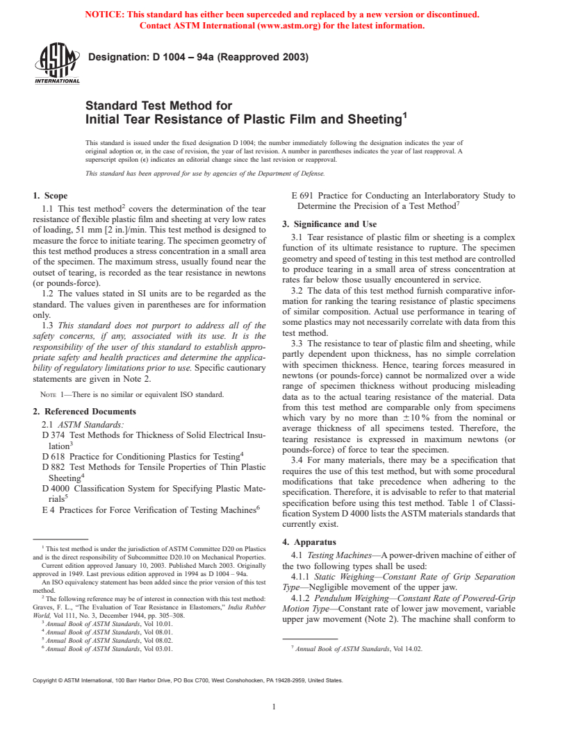 ASTM D1004-94a(2003) - Standard Test Method for Initial Tear Resistance of Plastic Film and Sheeting