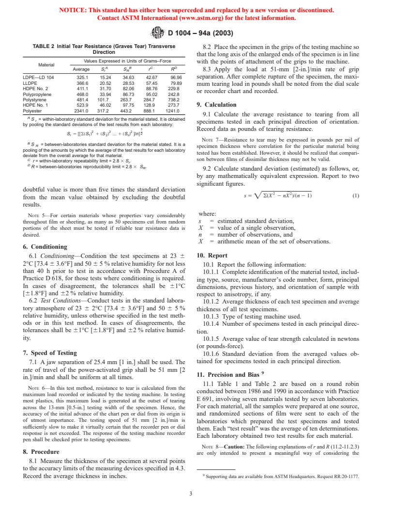 ASTM D1004-94a(2003) - Standard Test Method for Initial Tear Resistance of Plastic Film and Sheeting