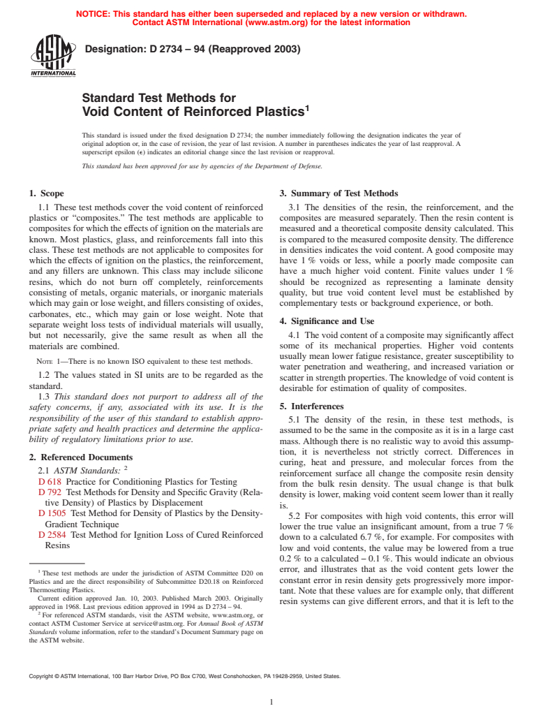 ASTM D2734-94(2003) - Standard Test Methods for Void Content of Reinforced Plastics