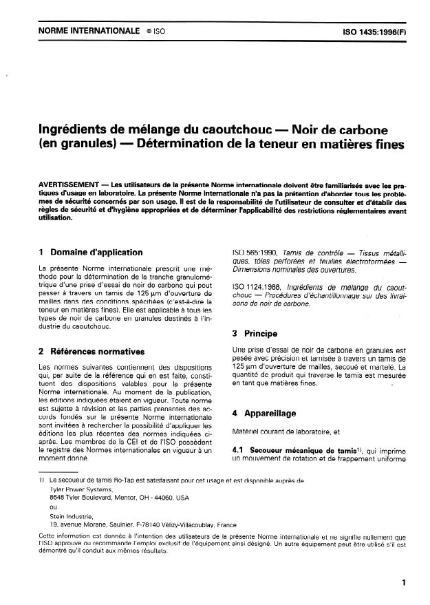 ISO 1435:1996 - Ingrédients de mélange du caoutchouc -- Noir de carbone (en granules) -- Détermination de la teneur en matieres fines