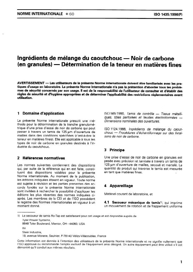 ISO 1435:1996 - Ingrédients de mélange du caoutchouc -- Noir de carbone (en granules) -- Détermination de la teneur en matieres fines