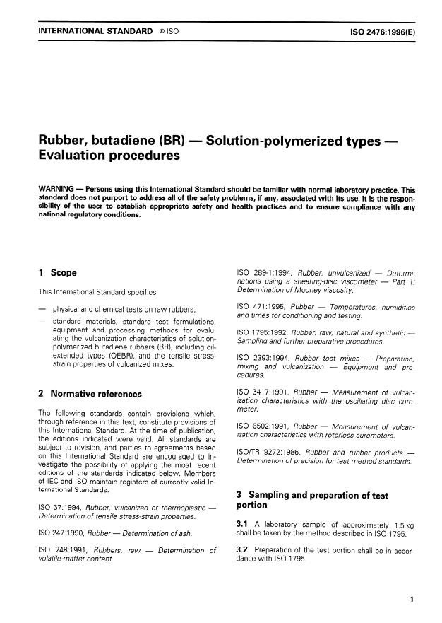ISO 2476:1996 - Rubber, butadiene (BR) -- Solution-polymerized types -- Evaluation procedures