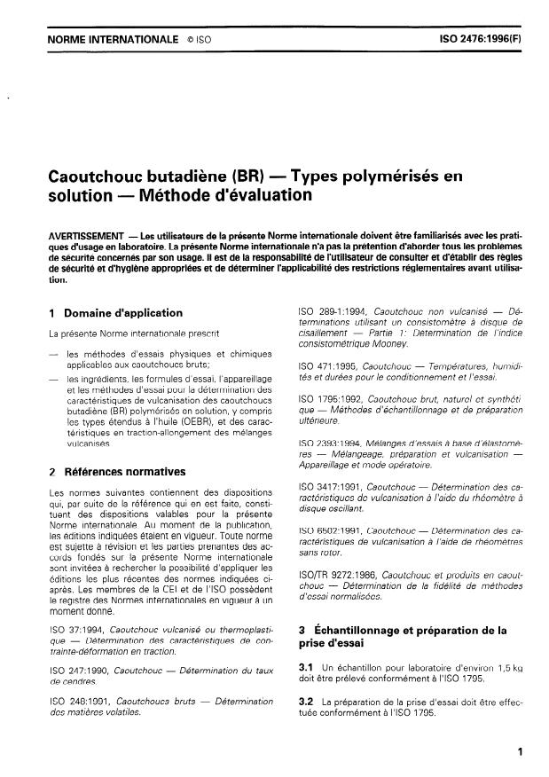ISO 2476:1996 - Caoutchouc butadiene (BR) -- Types polymérisés en solution -- Méthode d'évaluation