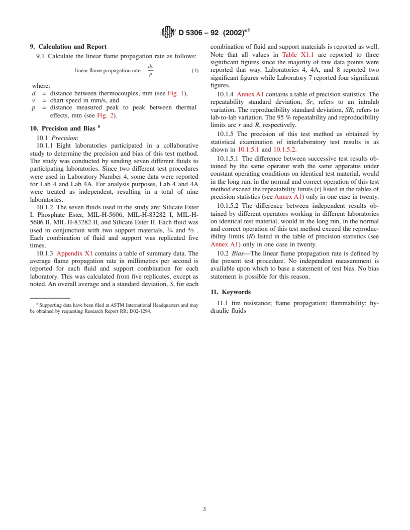 ASTM D5306-92(2002)e1 - Standard Test Method for Linear Flame Propagation Rate of Lubricating Oils and Hydraulic Fluids