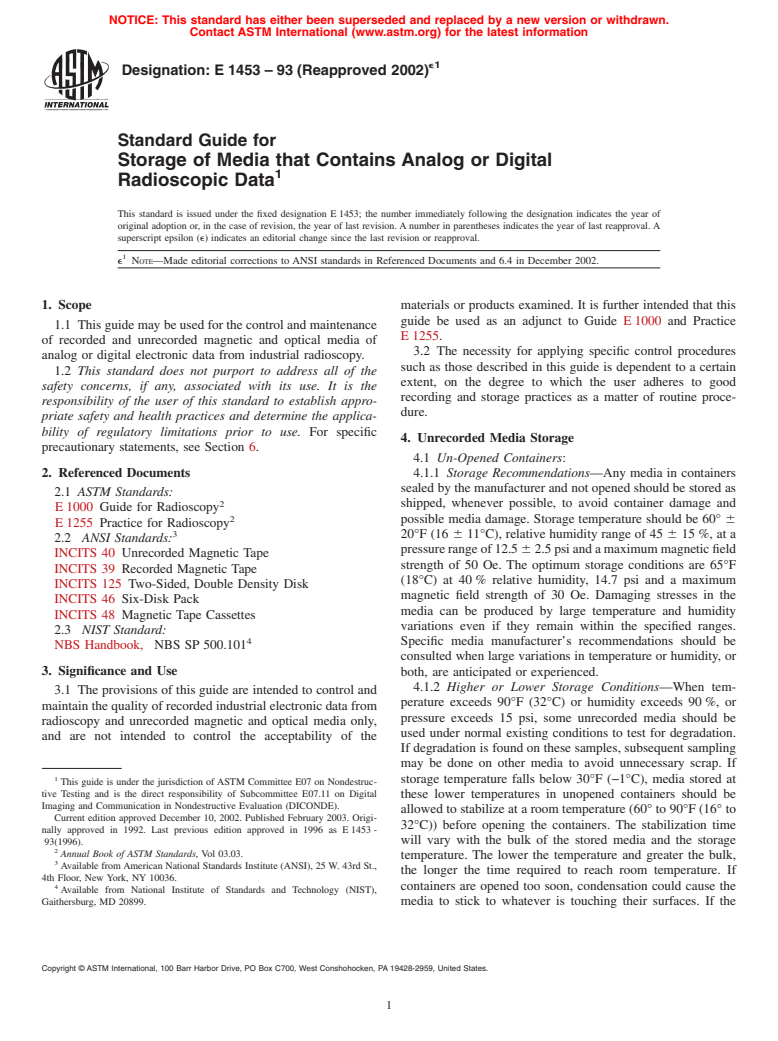 ASTM E1453-93(2002)e1 - Standard Guide for Storage of Media That Contains Analog or Digital Radioscopic Data