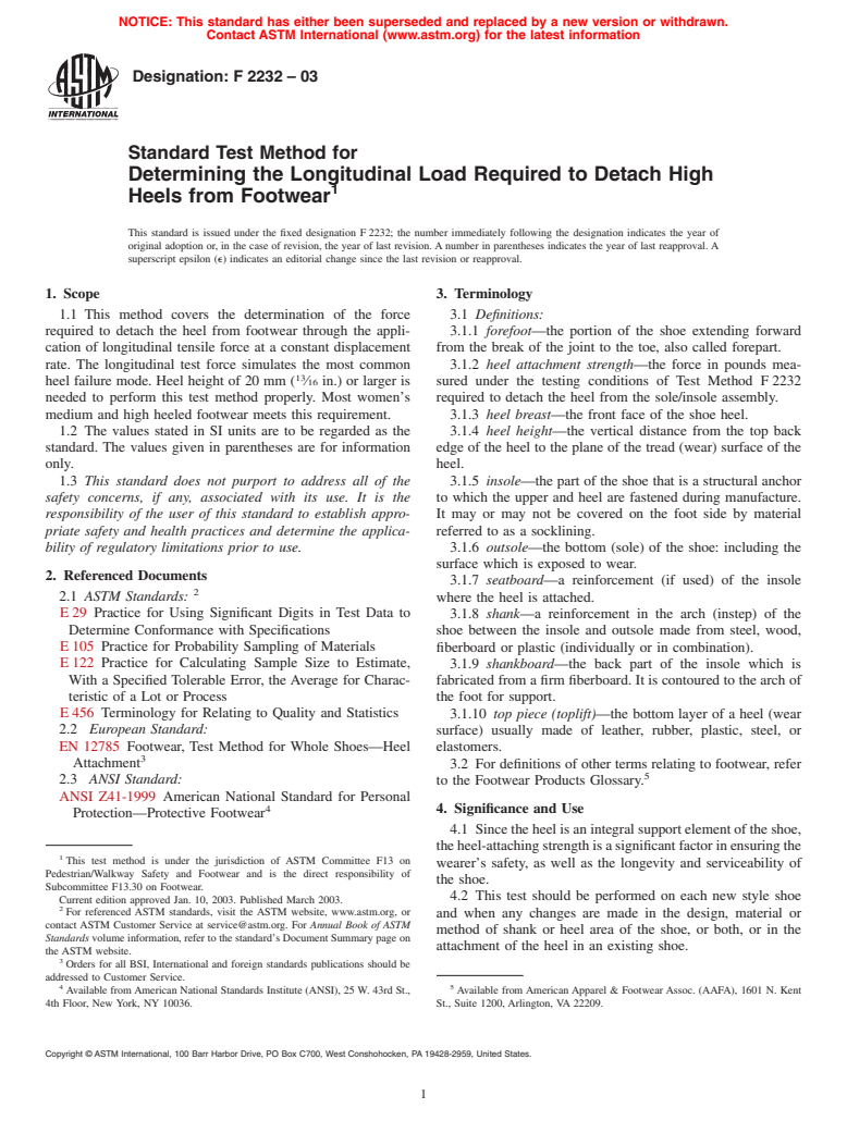 ASTM F2232-03 - Standard Test Method for Determining the Longitudinal Load Required to Detach High Heels from Footwear