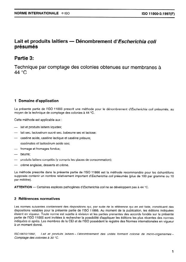 ISO 11866-3:1997 - Lait et produits laitiers -- Dénombrement d'Escherichia coli présumés