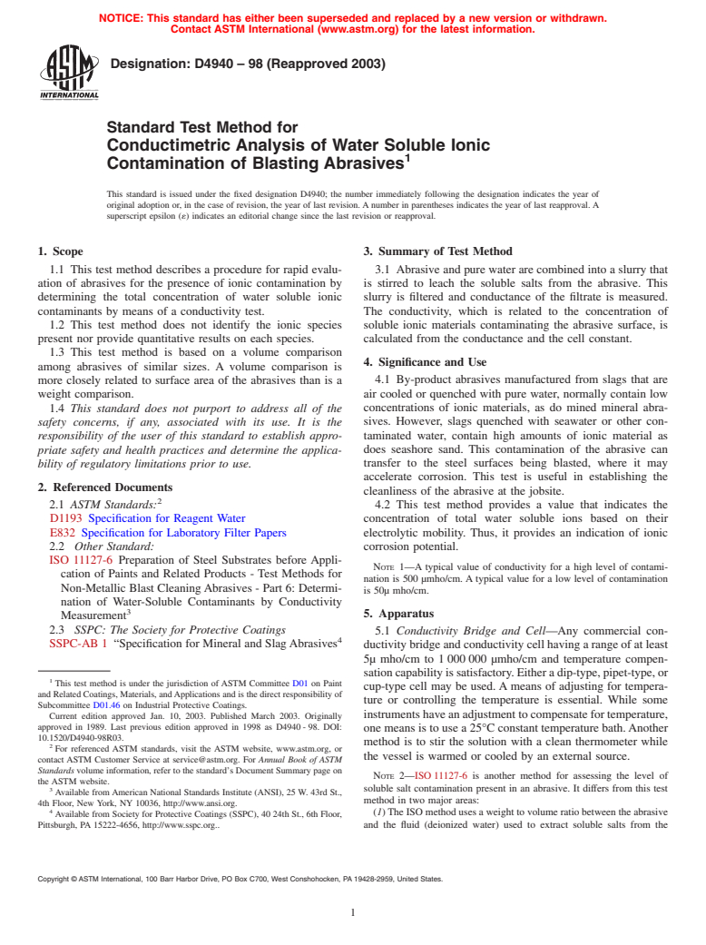 ASTM D4940-98(2003) - Standard Test Method for Conductimetric Analysis of Water Soluble Ionic Contamination of Blasting Abrasives