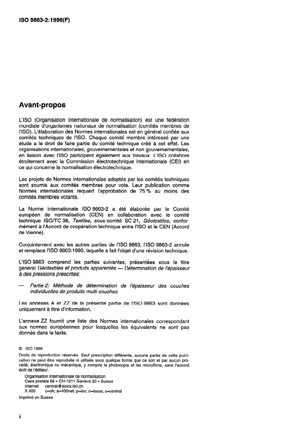 ISO 9863-2:1996 ISO 9863-2:1996 - Géotextiles et produits apparentés -- Détermination de l'épaisseur a des pressions prescrites - Page 2 preview