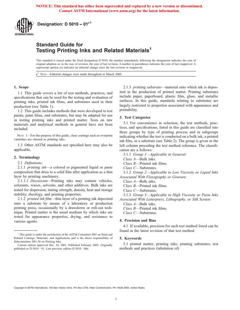 ASTM D5010-01e1 - Standard Guide for Testing Printing Inks and Related Materials