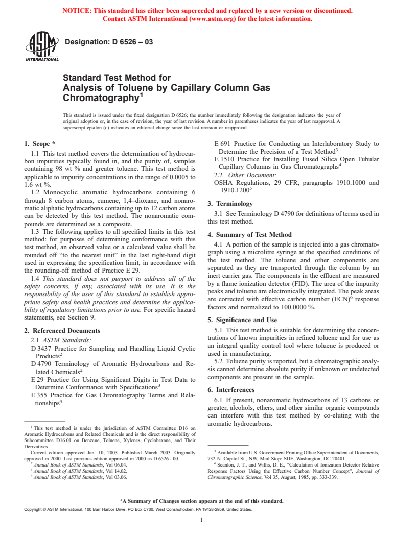 ASTM D6526-03 - Standard Test Method for Analysis of Toluene by Capillary Column Gas Chromatography