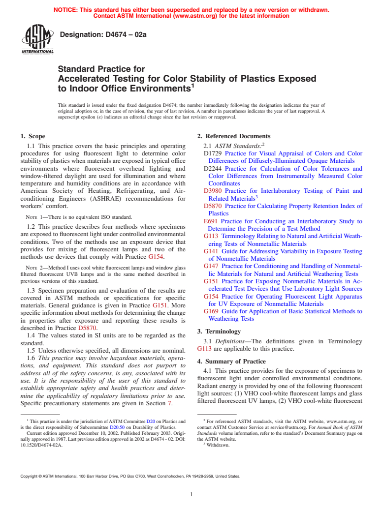 ASTM D4674-02a - Standard Practice for Accelerated Testing for Color Stability of Plastics Exposed to Indoor Office Environments