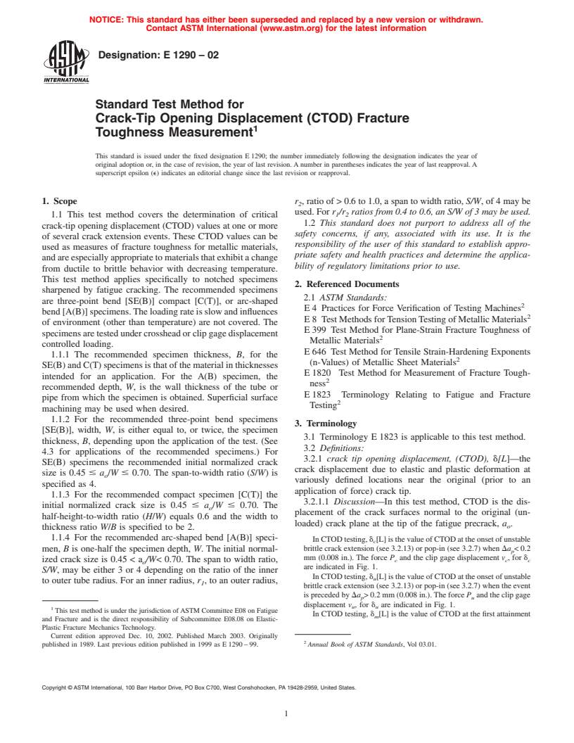 ASTM E1290-02 - Standard Test Method for Crack-Tip Opening Displacement (CTOD) Fracture Toughness Measurement