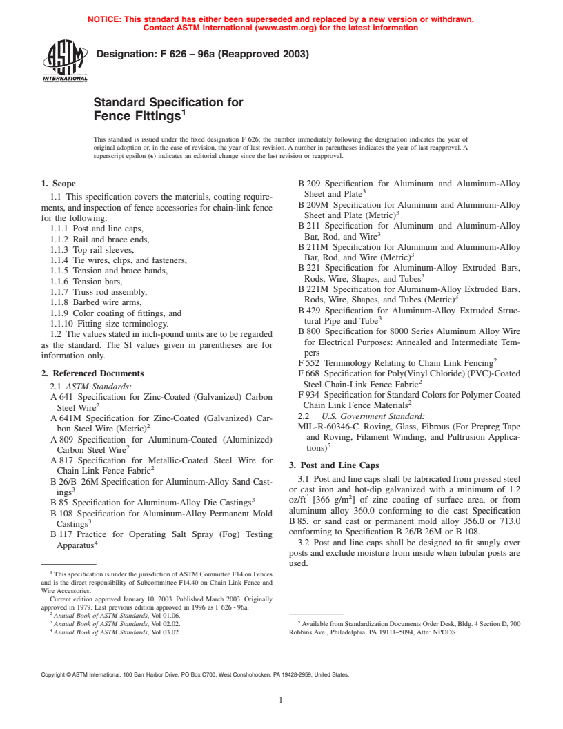 ASTM F626-96a(2003) - Standard Specification for Fence Fittings