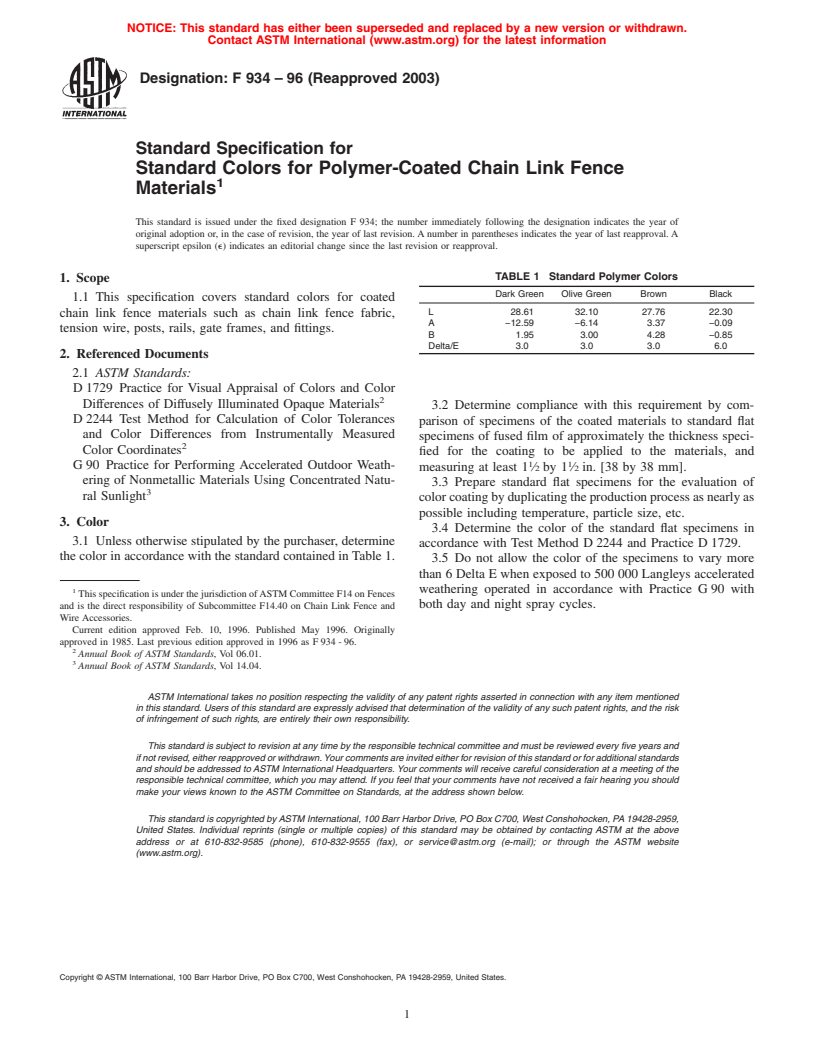 ASTM F934-96(2003) - Standard Specification for Standard Colors for Polymer-Coated Chain Link Fence Materials