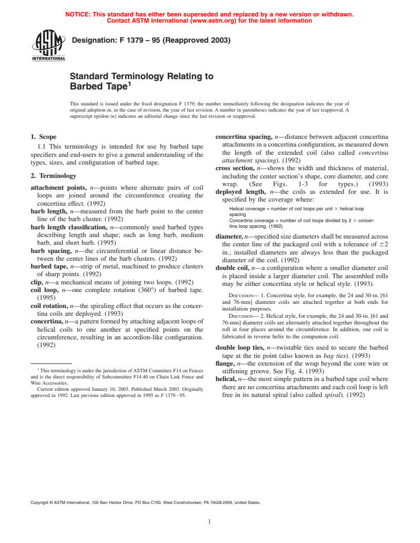 ASTM F1379-95(2003) - Standard Terminology Relating to Barbed Tape