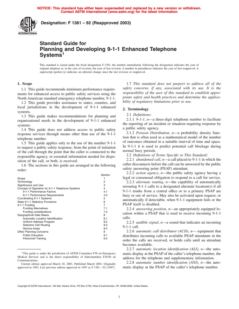 ASTM F1381-92(2003) - Standard Guide for Planning and Developing 9-1-1 Enhanced Telephone Systems (Withdrawn 2008)
