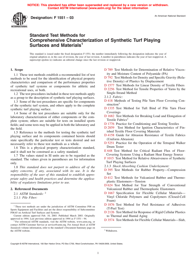 ASTM F1551-03 - Standard Test Methods for Comprehensive Characterization of Synthetic Turf Playing Surfaces and Materials