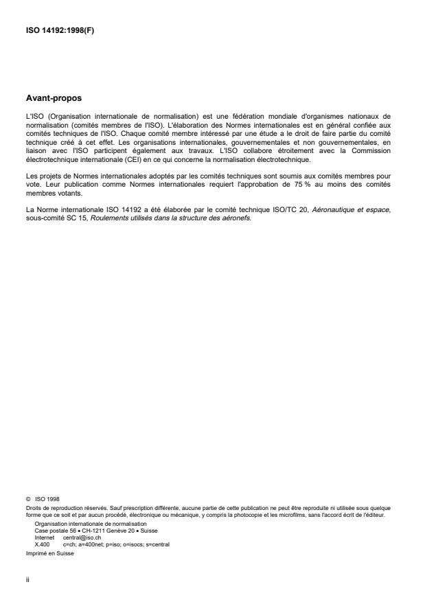 ISO 14192:1998 ISO 14192:1998 - Aéronautique et espace -- Roulements pour structures d'aéronefs: roulements, a rotule, sur rangée de rouleaux, avec flasques de protection, Série métrique - Page 2 preview