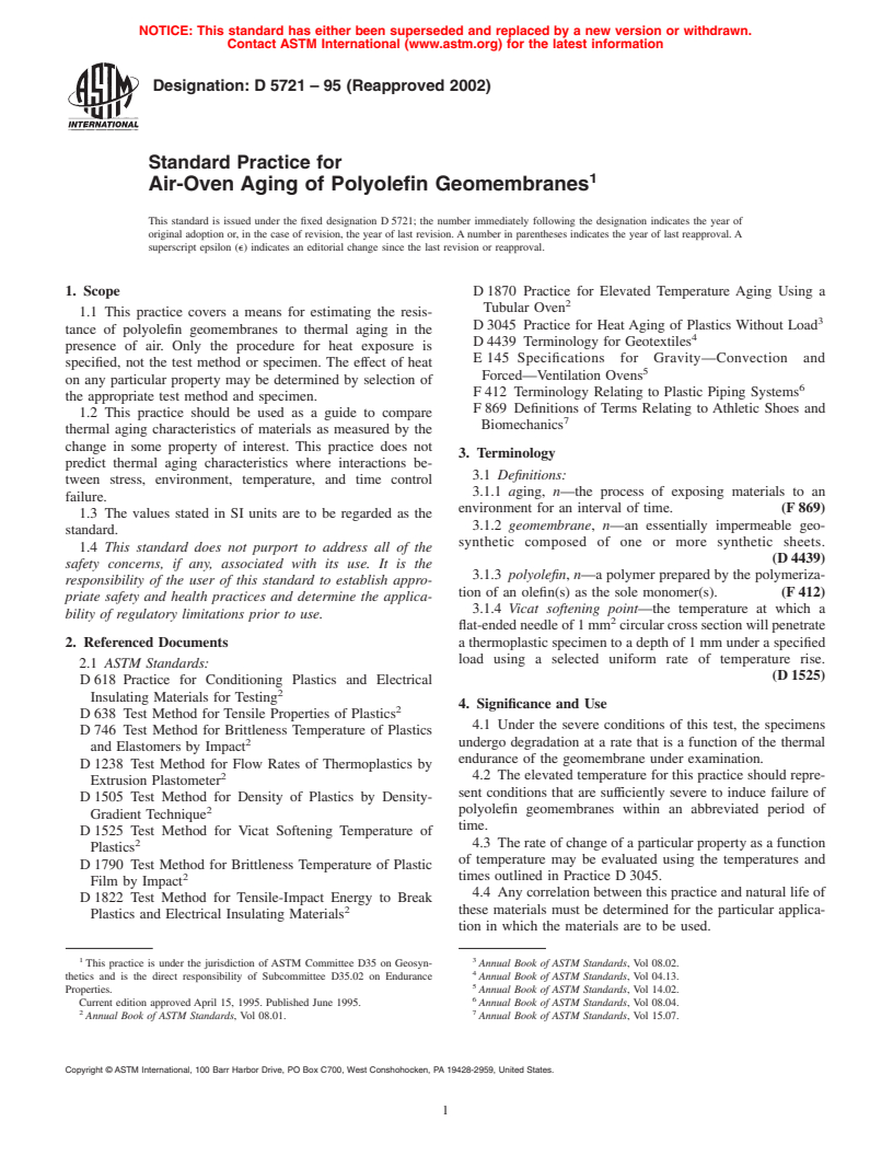 ASTM D5721-95(2002) - Standard Practice for Air-Oven Aging of Polyolefin Geomembranes