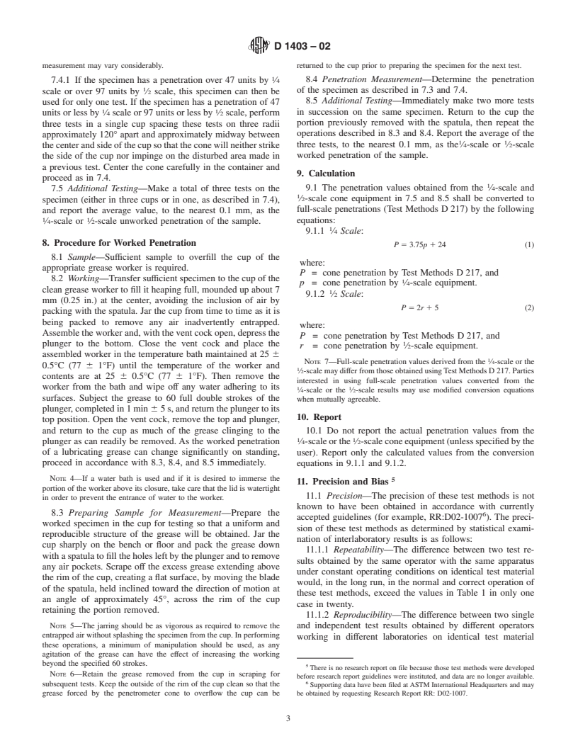 ASTM D1403-02 - Standard Test Methods for Cone Penetration of Lubricating Grease Using One-Quarter and One-Half Scale Cone Equipment