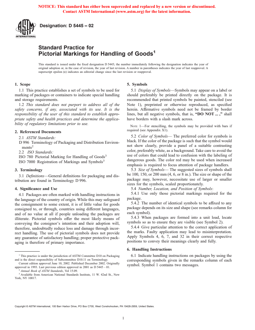 ASTM D5445-02 - Standard Practice for Pictorial Markings for Handling of Goods