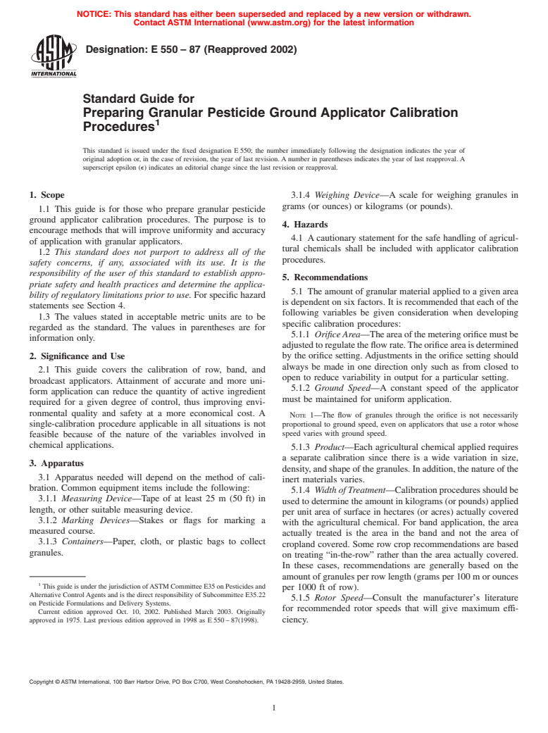 ASTM E550-87(2002) - Standard Guide for Preparing Granular Pesticide Ground Applicator Calibration Procedures