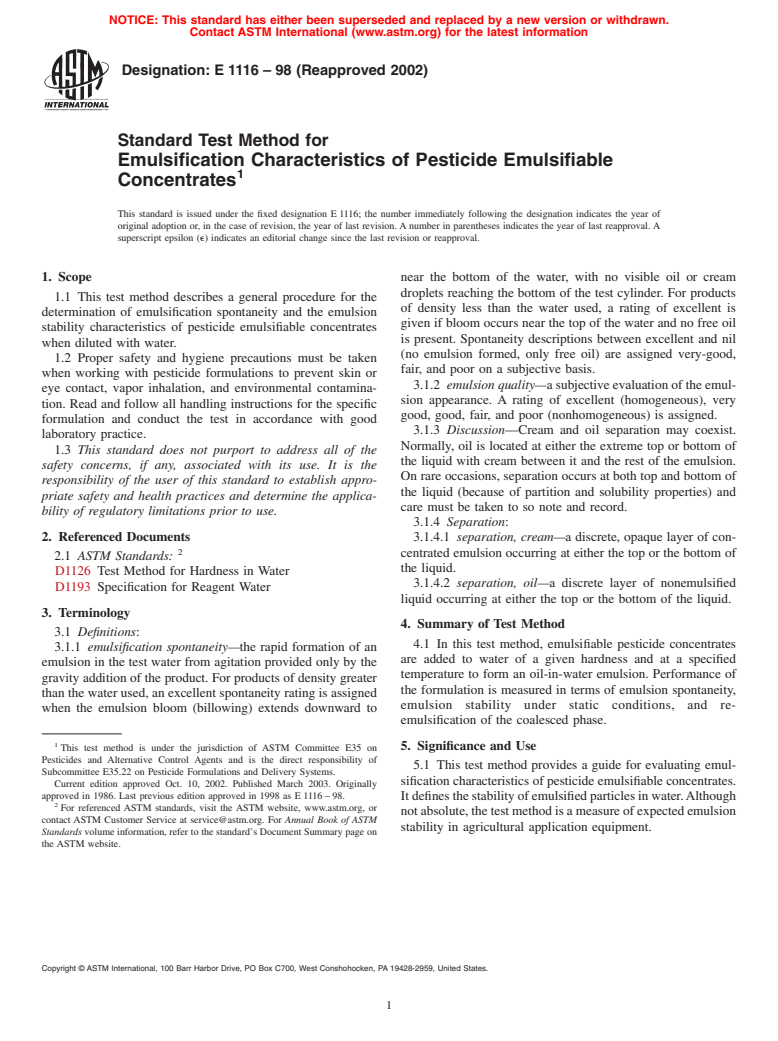 ASTM E1116-98(2002) - Standard Test Method for Emulsification Characteristics of Pesticide Emulsifiable Concentrates