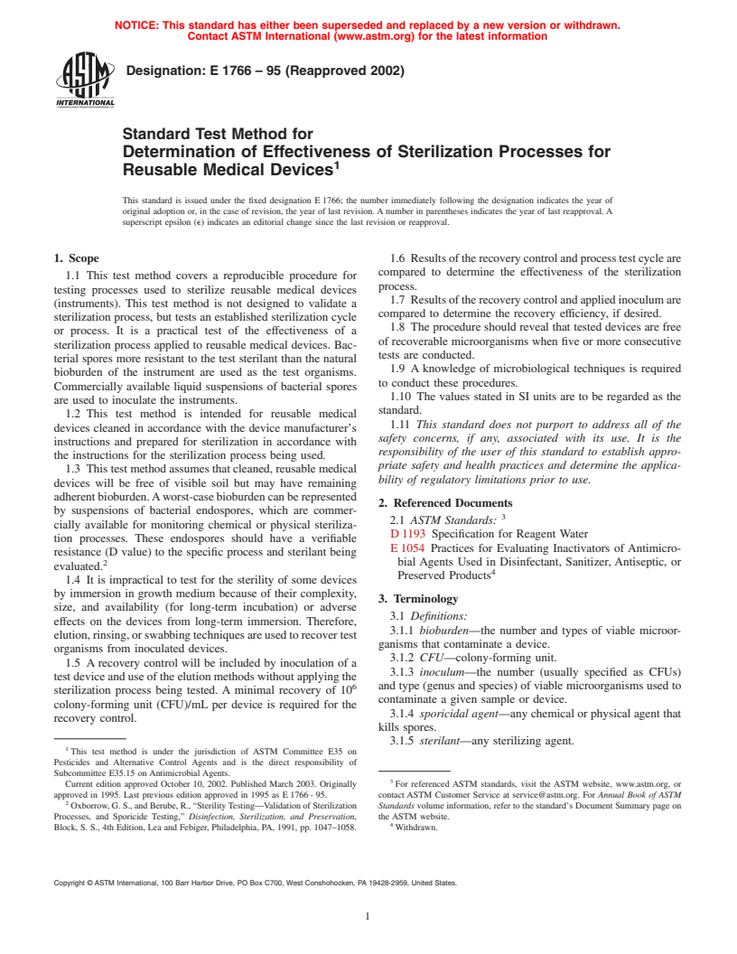 ASTM E1766-95(2002) - Standard Test Method for Determination of Effectiveness of Sterilization Processes for Reusable Medical Devices