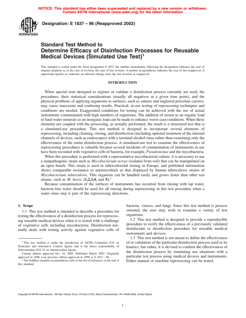 ASTM E1837-96(2002) - Standard Test Method to Determine Efficacy of Disinfection Processes for Reusable Medical Devices (Simulated Use Test)