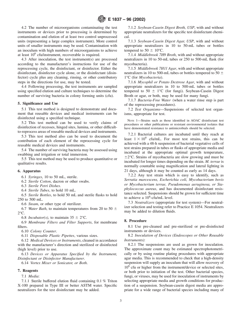 ASTM E1837-96(2002) - Standard Test Method to Determine Efficacy of Disinfection Processes for Reusable Medical Devices (Simulated Use Test)