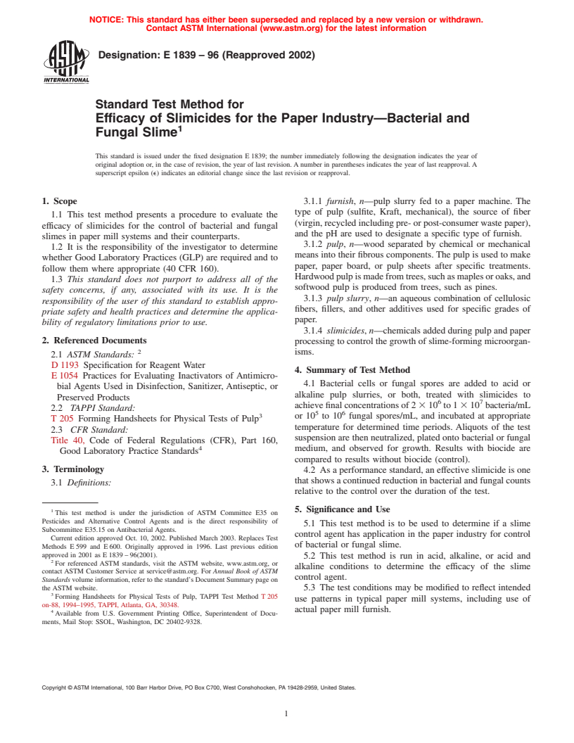 ASTM E1839-96(2002) - Standard Test Method for Efficacy of Slimicides for the Paper Industry--Bacterial and Fungal Slime