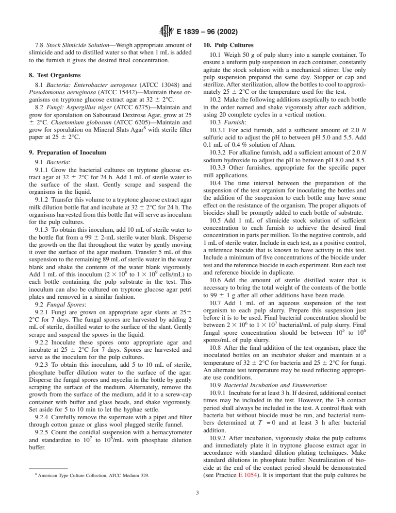 ASTM E1839-96(2002) - Standard Test Method for Efficacy of Slimicides for the Paper Industry--Bacterial and Fungal Slime