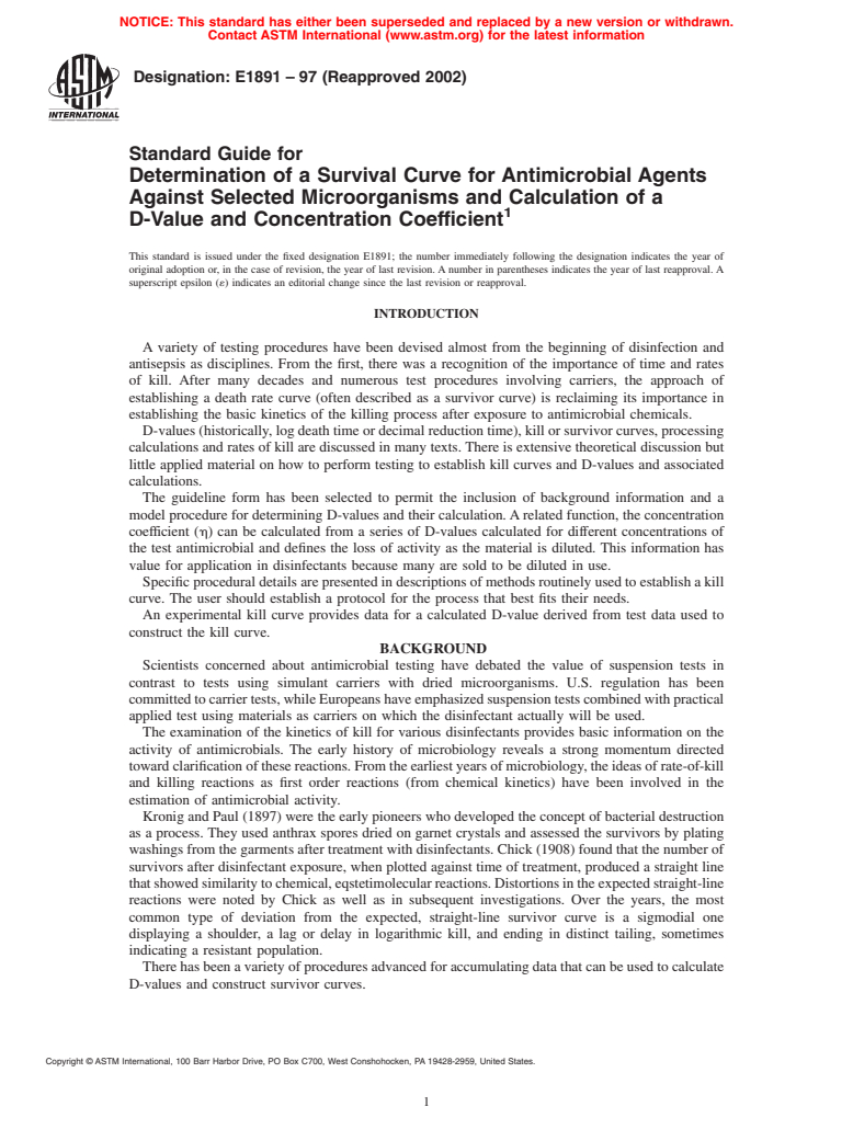 ASTM E1891-97(2002) - Standard Guide for Determination of a Survival Curve for Antimicrobial Agents Against Selected Microorganisms and Calculation of a D-Value and Concentration Coefficient