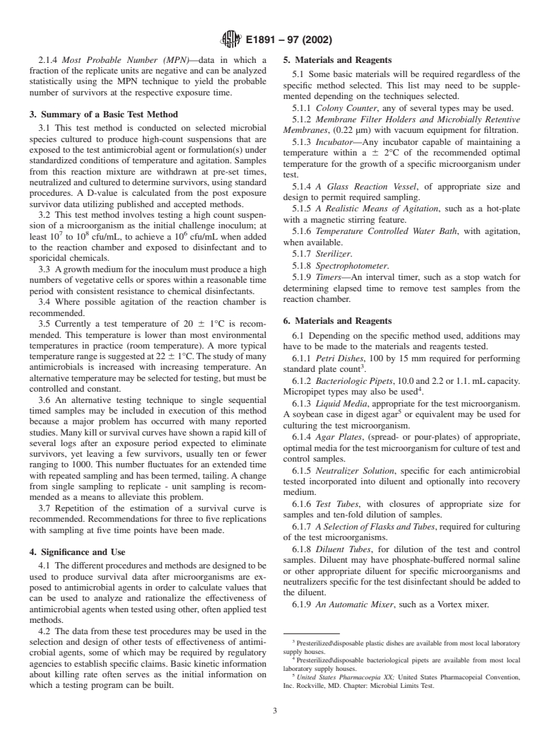 ASTM E1891-97(2002) - Standard Guide for Determination of a Survival Curve for Antimicrobial Agents Against Selected Microorganisms and Calculation of a D-Value and Concentration Coefficient