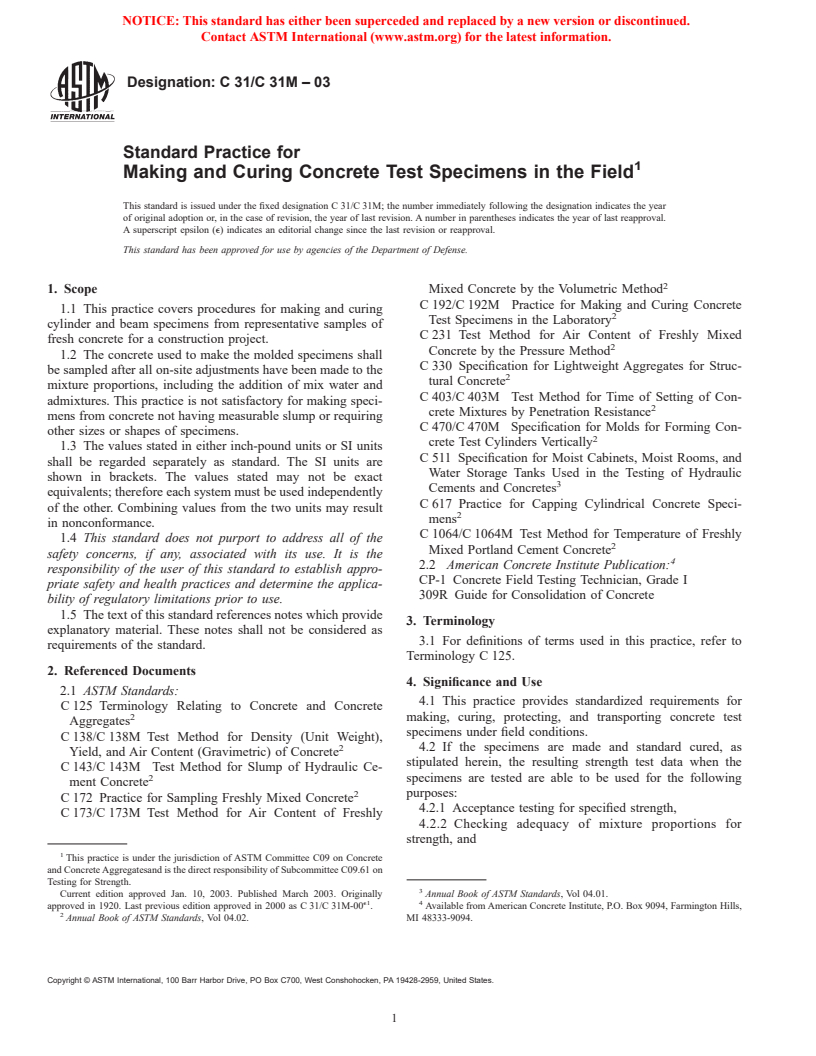 ASTM C31/C31M-03 - Standard Practice for Making and Curing Concrete Test Specimens in the Field