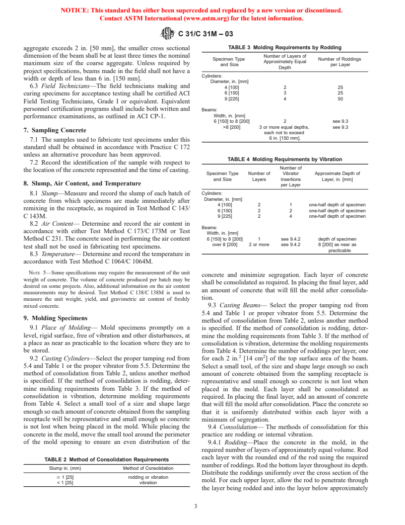 ASTM C31/C31M-03 - Standard Practice for Making and Curing Concrete Test Specimens in the Field