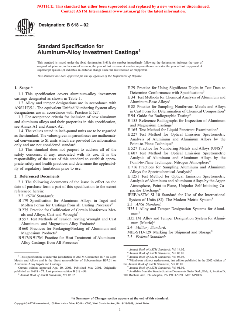 ASTM B618-02 - Standard Specification for Aluminum-Alloy Investment Castings