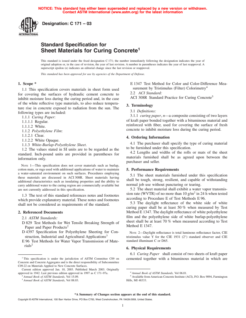 ASTM C171-03 - Standard Specification for Sheet Materials for Curing Concrete