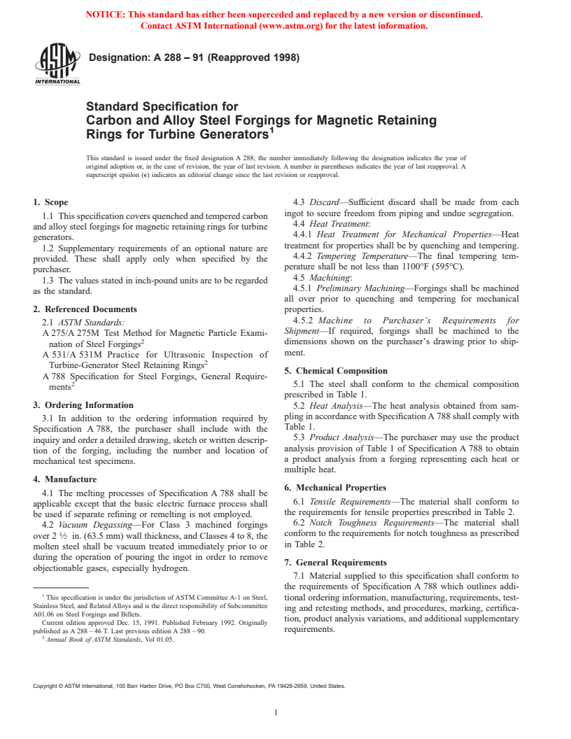 ASTM A288-91(1998) - Standard Specification for Carbon and Alloy Steel Forgings for Magnetic Retaining Rings for Turbine Generators