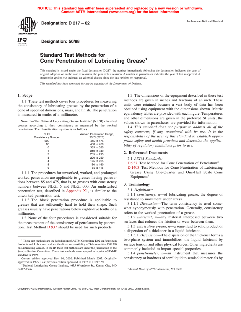 ASTM D217-02 - Standard Test Methods for Cone Penetration of Lubricating Grease