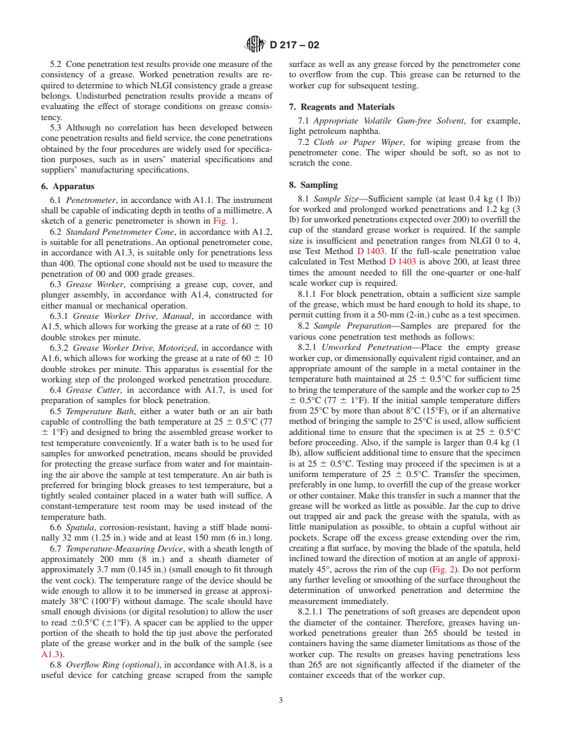 ASTM D217-02 - Standard Test Methods for Cone Penetration of Lubricating Grease