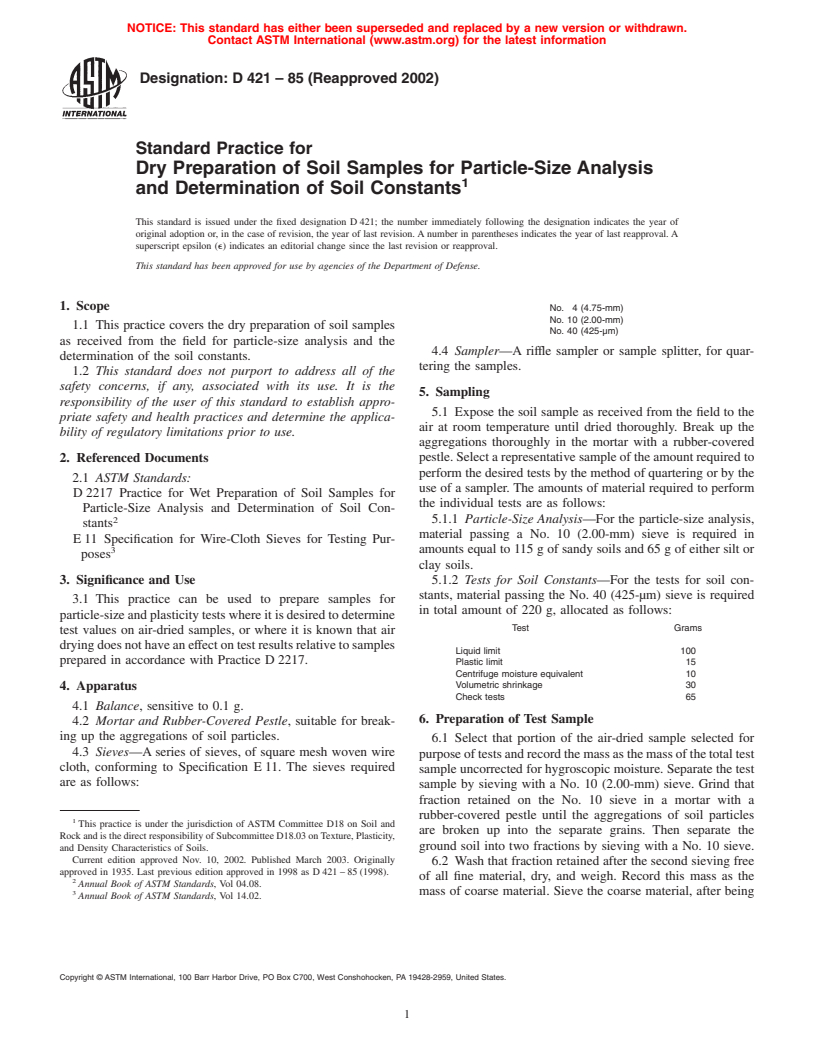 ASTM D421-85(2002) - Standard Practice for Dry Preparation of Soil Samples for Particle-Size Analysis and Determination of Soil Constants