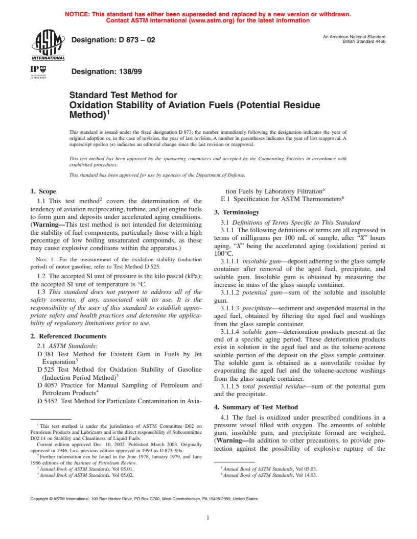 ASTM D873-02 - Standard Test Method for Oxidation Stability of Aviation Fuels (Potential Residue Method)